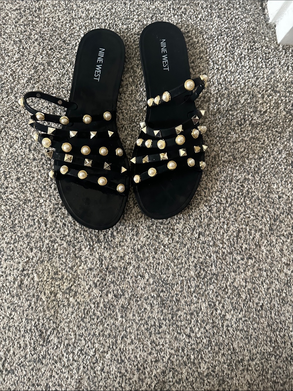 Nine West Black Slide Sandals with Pearl & Pyramid Studs